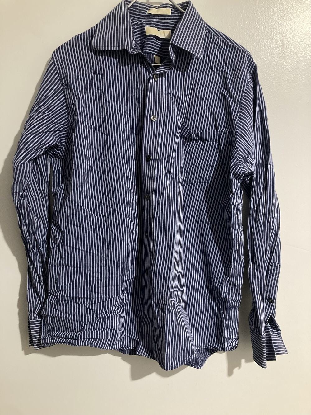 Michael Kors Shirt Mens L 16 Blue Striped Long Sleeve Button-Up 34/35 Cotton